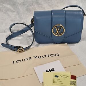 Louis Vuitton Pont 9 Neuf Blue Leather Bag Purse Crossbody Shoulder Gold LV Pink